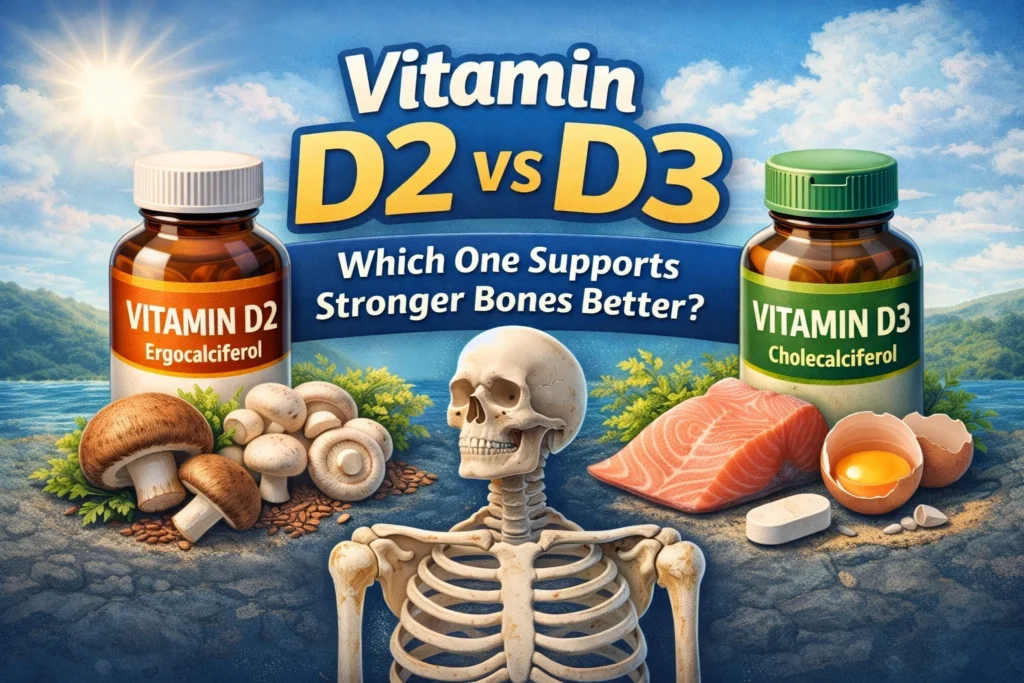 Illustration comparing vitamin D2 and vitamin D3 for bone health