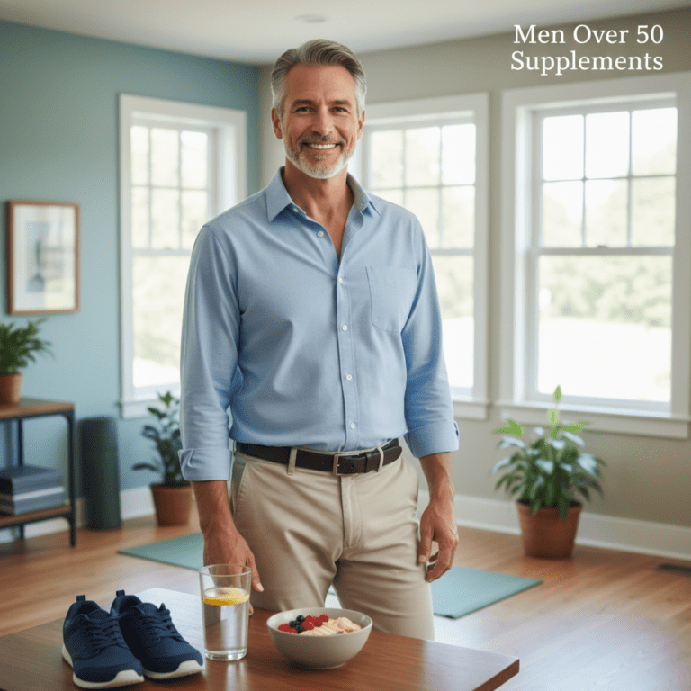Healthy confident man over 50 in a bright wellness setting for supplements article