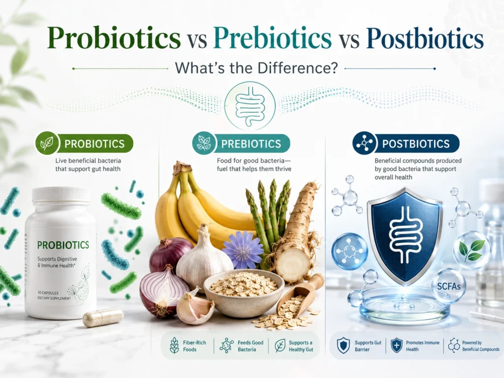 Probiotics vs Prebiotics vs Postbiotics