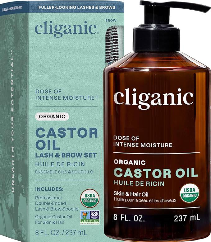 Cliganic organic castor oil bottle and lash and brow set