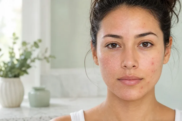 Woman showing dry irritated skin on one side and acne blemishes on the other