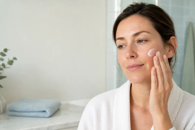 Woman applying moisturizer as part of a simple skin barrier repair routine