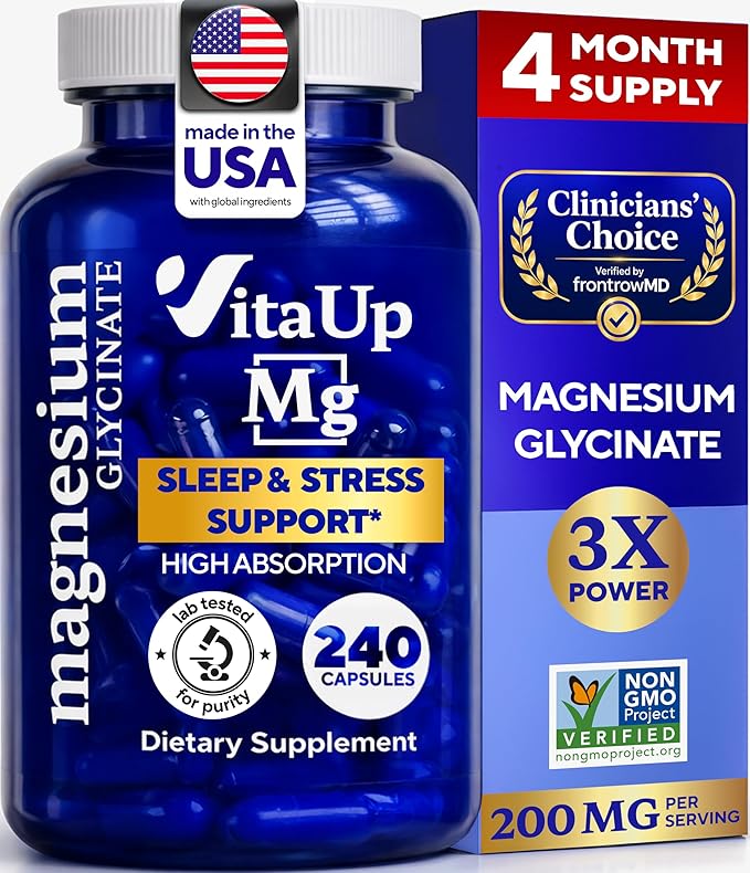 VitaUp Magnesium Glycinate 200mg supplement bottle for sleep support